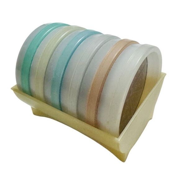 Vintage Tupperware 566-14 Wagon Wheel Coasters w/Caddy Rack Holder Set of 6 - Picture 1 of 9